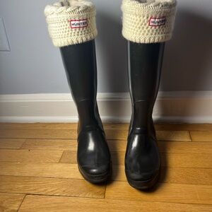 Original Tall Gloss Hunter Rain Boots - Black with Cream Knit Cuffs